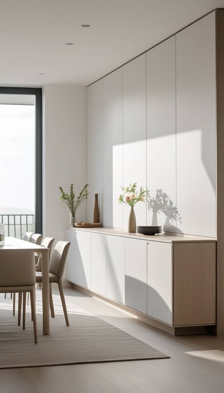 Modern Dining Room Ideas - A modern dining room with minimalist sideboards and a dining table with chairs, bright natural light fills the space.