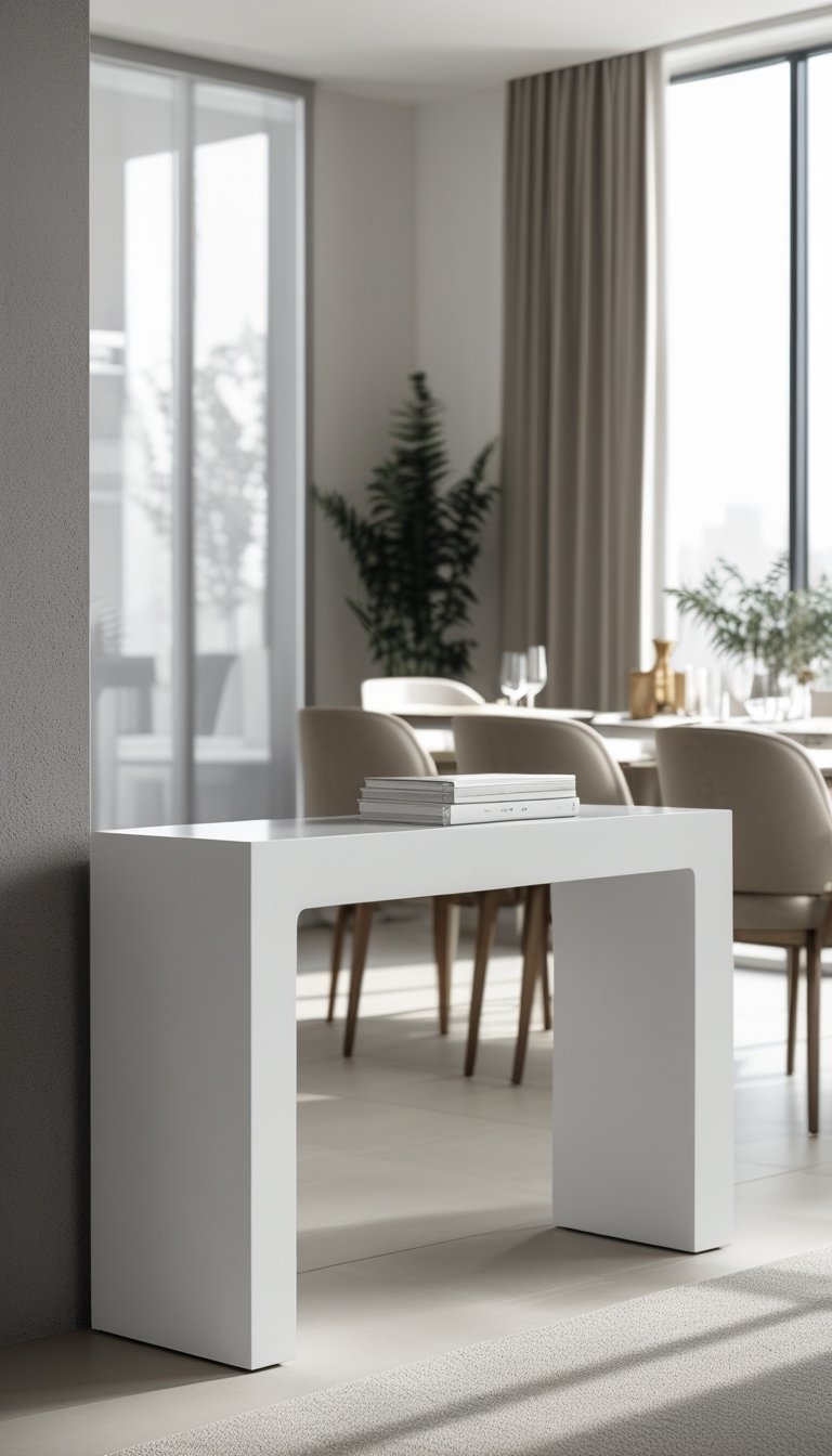 Modern Dining Room Ideas - A modern dining room with a sleek console table near the entrance, decorated with keys and small items, next to a dining table with chairs and natural light coming through a window.