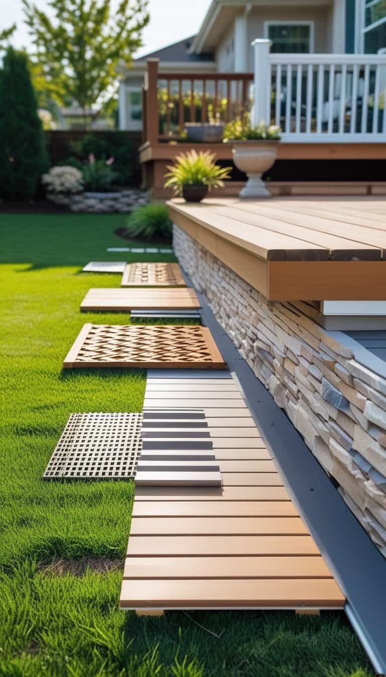 deck skirting ideas cheap - A backyard wooden deck with different types of inexpensive skirting around its base, surrounded by grass and plants.