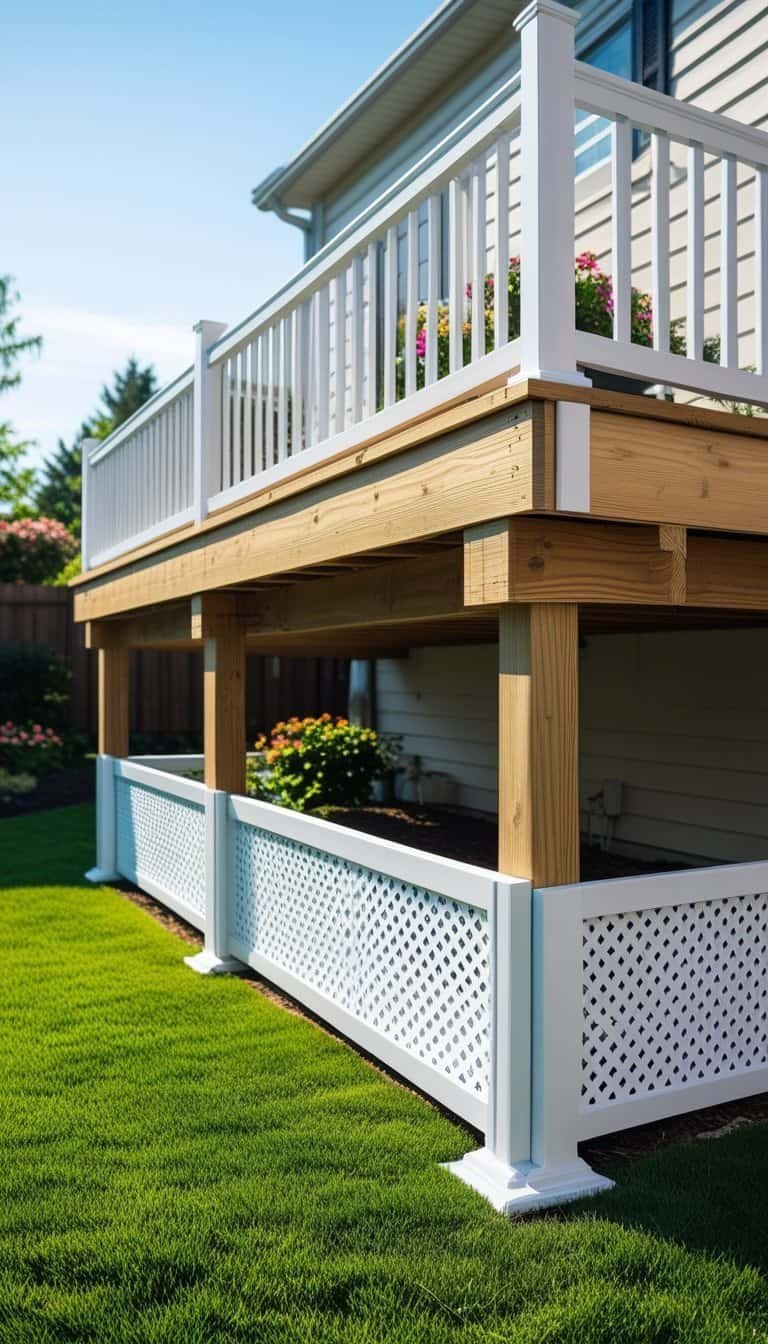 deck skirting ideas cheap - Backyard deck with white vinyl lattice panels used as skirting around the base, surrounded by green grass and plants.