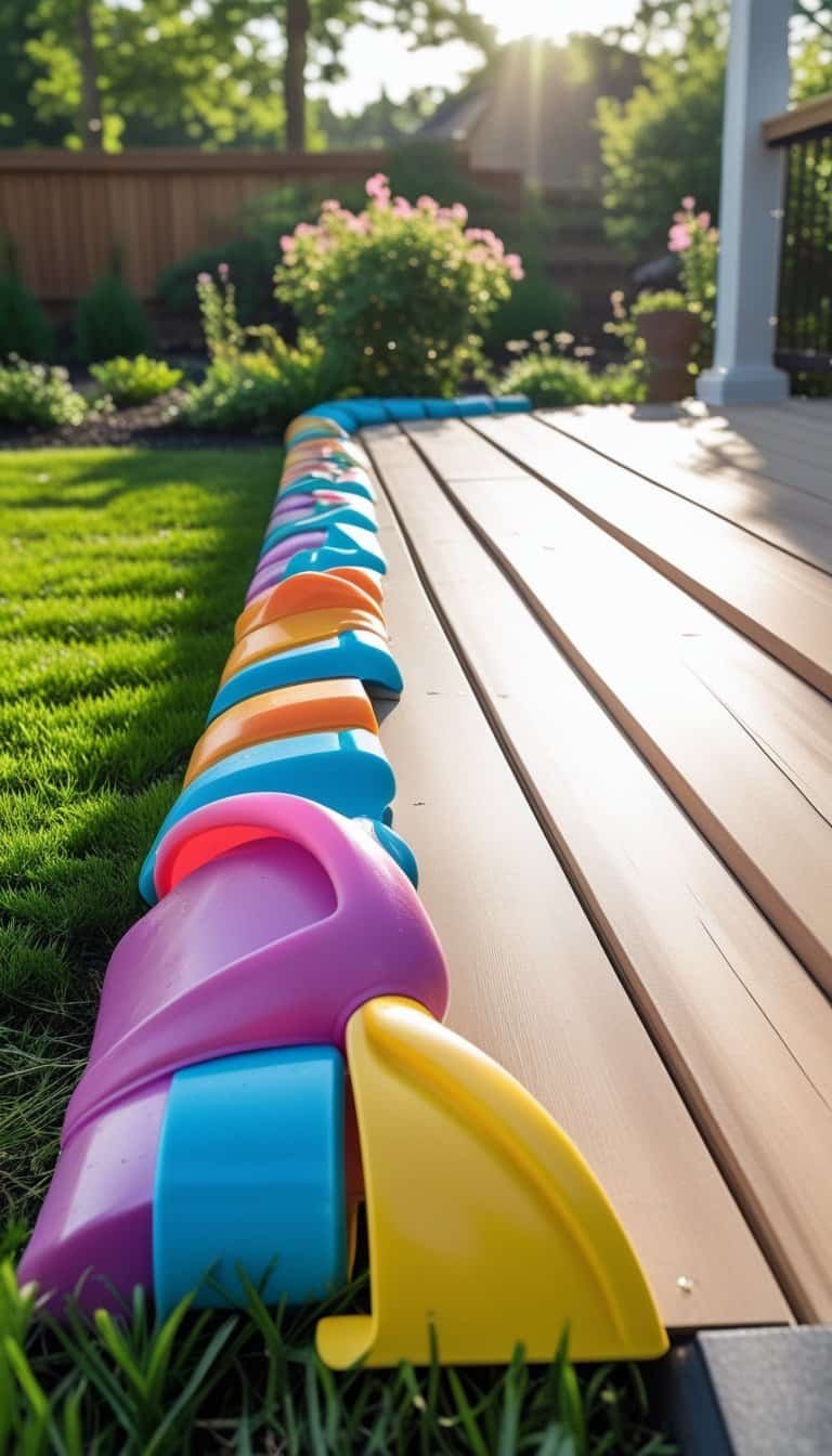 deck skirting ideas cheap - An outdoor wooden deck with colorful plastic skirting boards surrounded by a green garden on a sunny day.