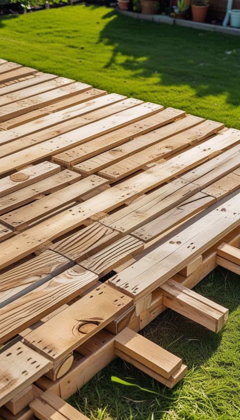 deck skirting ideas cheap - A wooden outdoor deck with pine pallet plank skirting surrounded by grass and garden plants in a backyard.