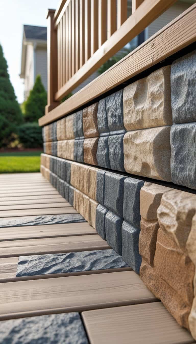 deck skirting ideas cheap - Close-up of a wooden outdoor deck with faux stone panels used as skirting, surrounded by green plants and lawn.