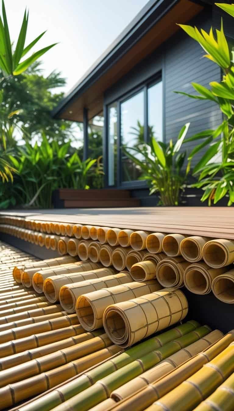 deck skirting ideas cheap - Bamboo rolls displayed outdoors near a home deck with bamboo skirting installed, surrounded by green tropical plants.
