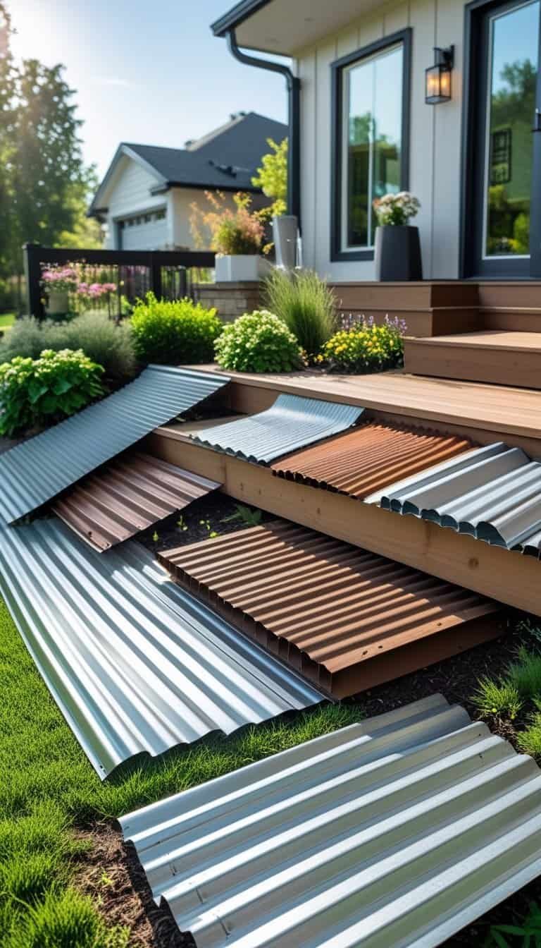 deck skirting ideas cheap - Outdoor wooden deck with various corrugated metal sheets used as skirting surrounded by plants and a suburban house in the background.