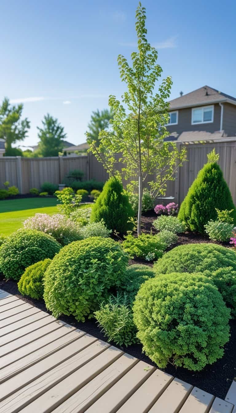 deck skirting ideas cheap - A backyard wooden deck surrounded by various green shrubs and plants used as natural screens for privacy.