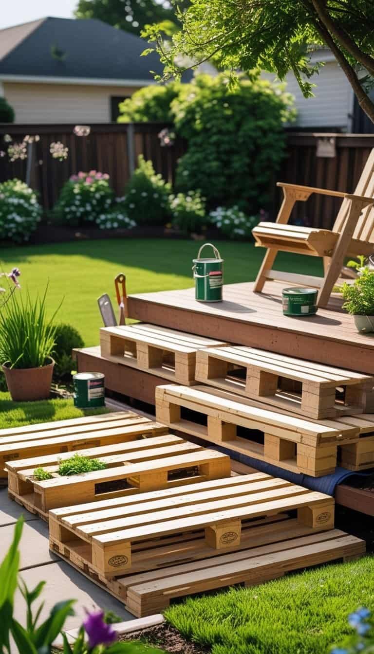 deck skirting ideas cheap - A backyard deck with recycled shipping pallets used as decorative skirting surrounded by grass and plants.