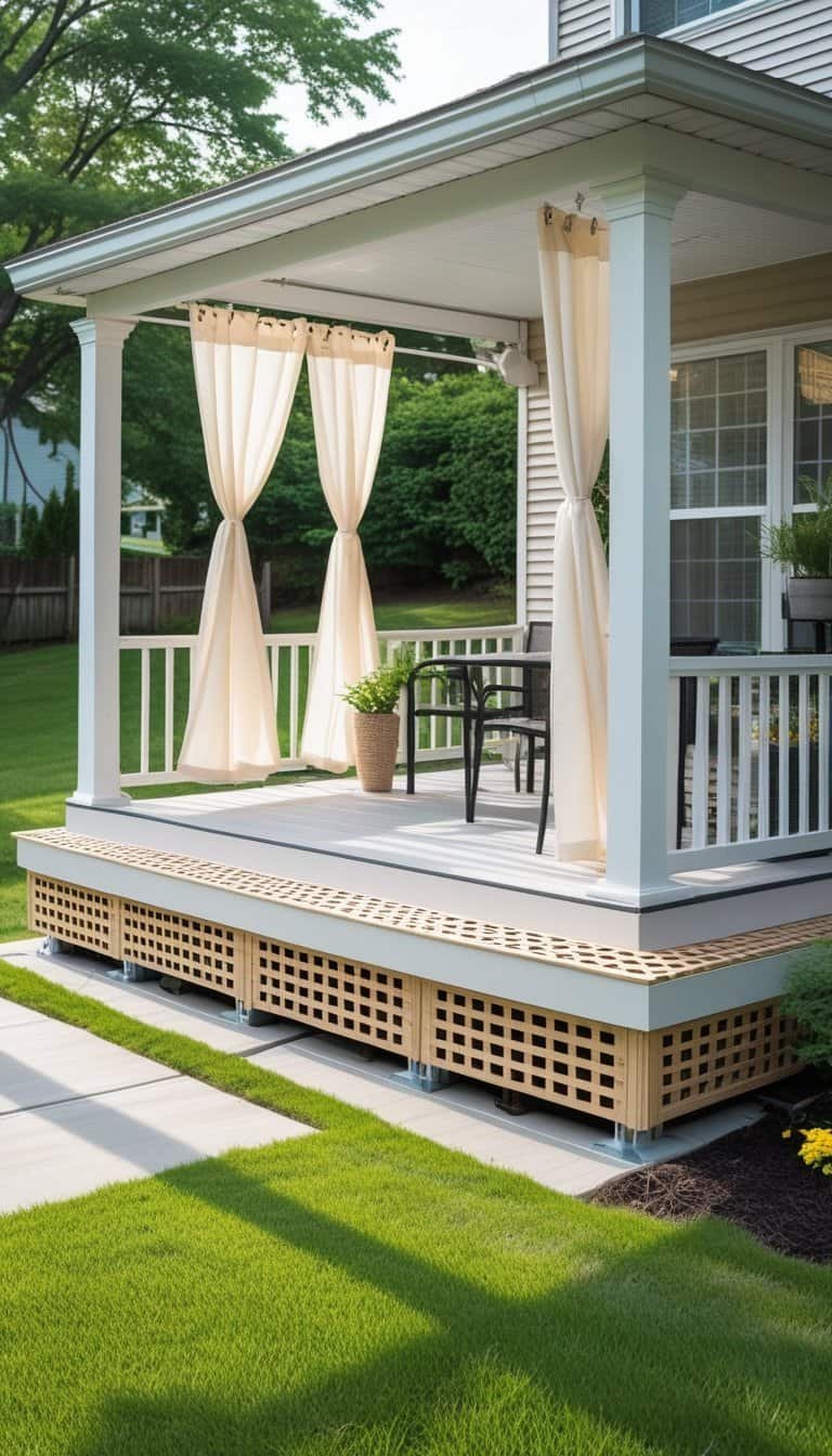 deck skirting ideas cheap - Outdoor deck with simple fabric curtains and inexpensive deck skirting in a suburban backyard.
