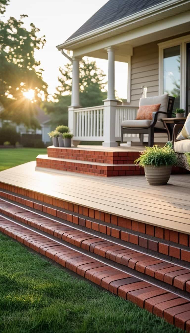 deck skirting ideas cheap - deck skirting ideas cheap - An outdoor wooden deck with brick veneer skirting, outdoor furniture, plants, and a suburban house in the background.