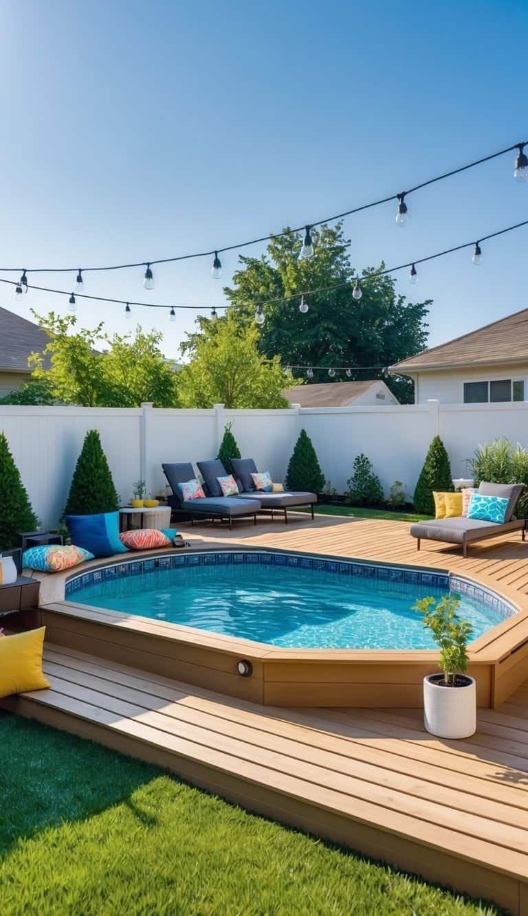 above ground pool deck ideas- Backyard with an above-ground pool surrounded by a wooden deck, outdoor furniture, and plants under a clear sky.