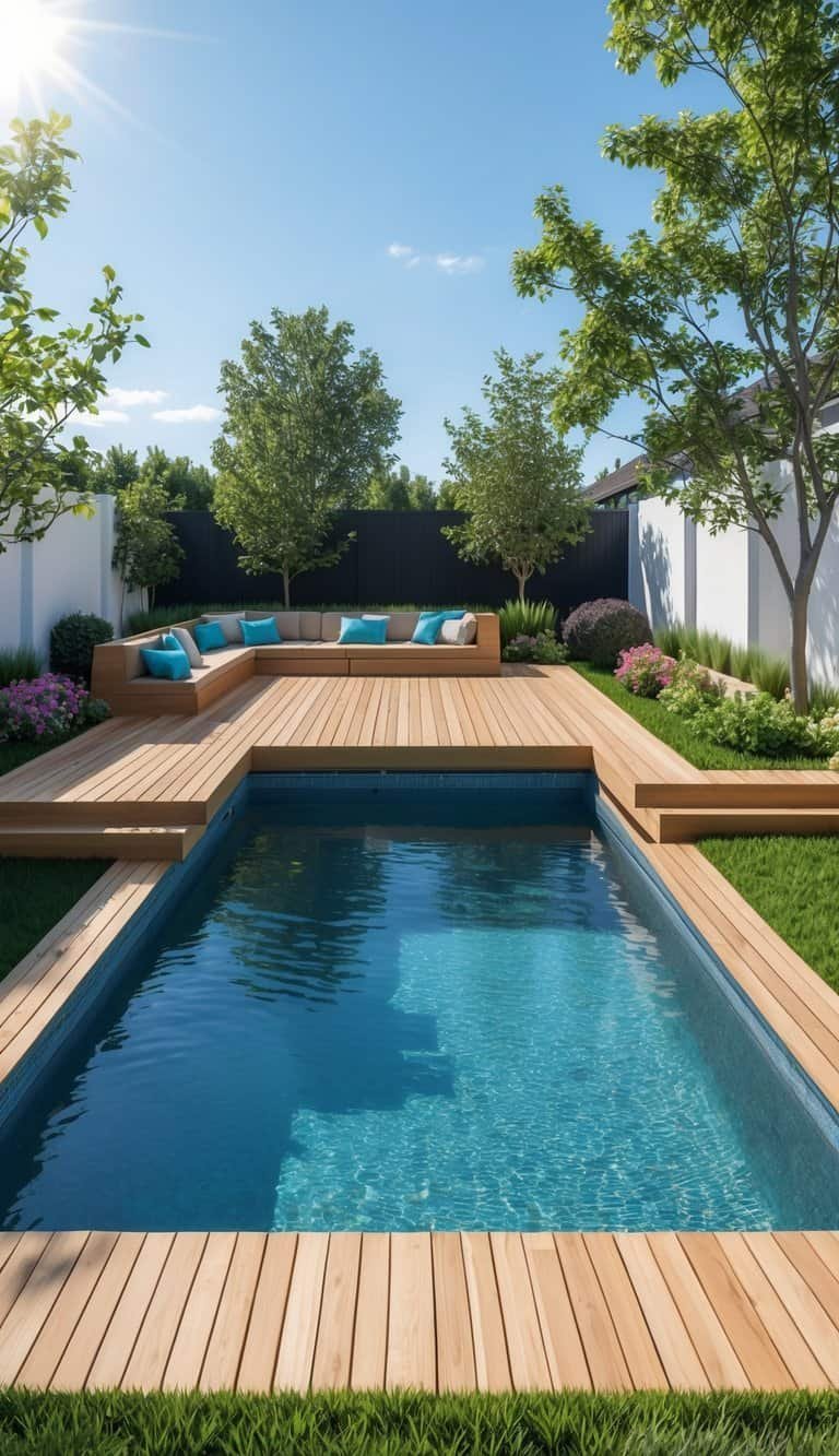 above ground pool deck ideas- A backyard with a wooden floating deck surrounding a 10-foot above-ground pool, featuring seating and landscaping with grass and plants.