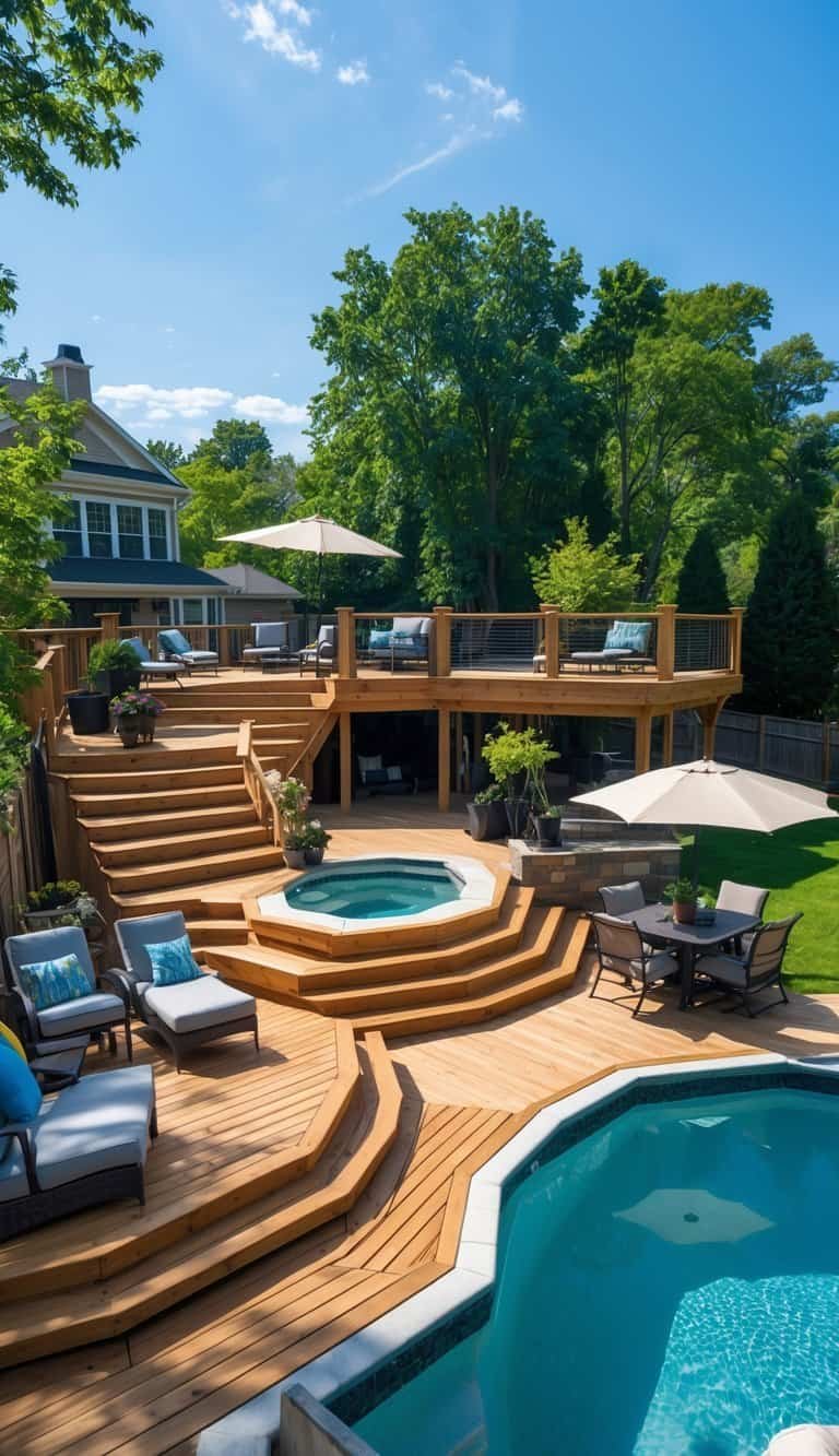 above ground pool deck ideas- A multi-level wooden deck surrounding an above-ground swimming pool in a backyard with outdoor furniture and greenery.