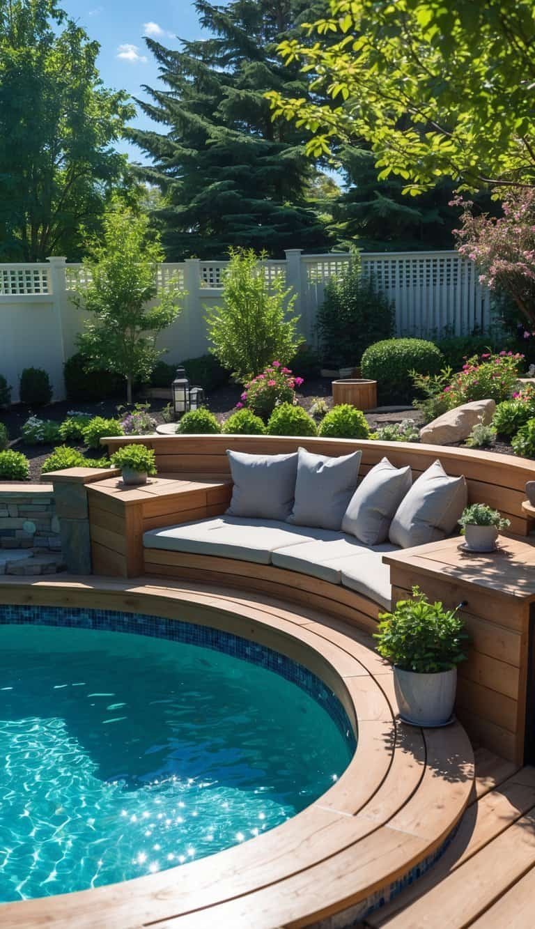 above ground pool deck ideas- A backyard with an above-ground pool surrounded by a wooden deck featuring built-in seating benches and greenery.