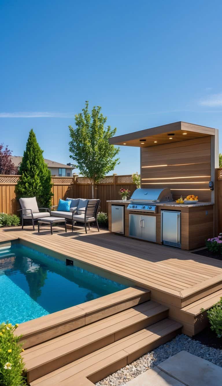 above ground pool deck ideas- Outdoor kitchen with stainless steel appliances next to a wooden deck and a clear above-ground pool surrounded by plants and outdoor furniture.