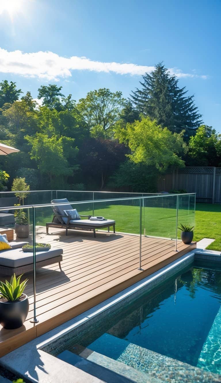 above ground pool deck ideas- Above-ground swimming pool with a wooden deck and glass railings overlooking a green backyard on a sunny day.