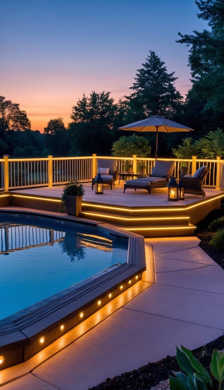 above ground pool deck ideas- An above-ground pool deck lit with warm LED lights at dusk, featuring outdoor furniture and surrounding greenery.