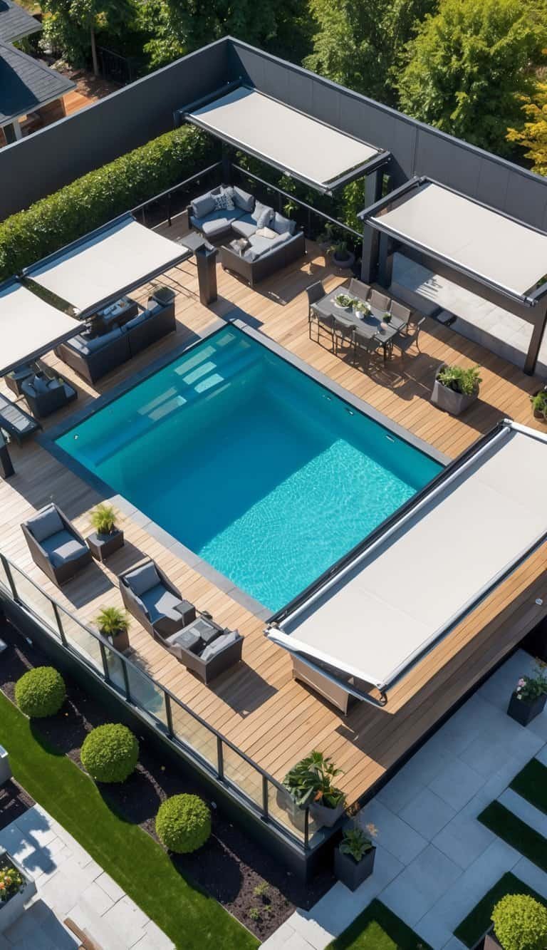 above ground pool deck ideas- Above-ground pool with a wooden deck featuring retractable shade structures, outdoor furniture, and surrounding greenery.