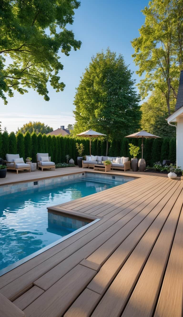 above ground pool deck ideas- Backyard with an above-ground swimming pool surrounded by weather-resistant composite decking, outdoor furniture, plants, and greenery under a sunny sky.
