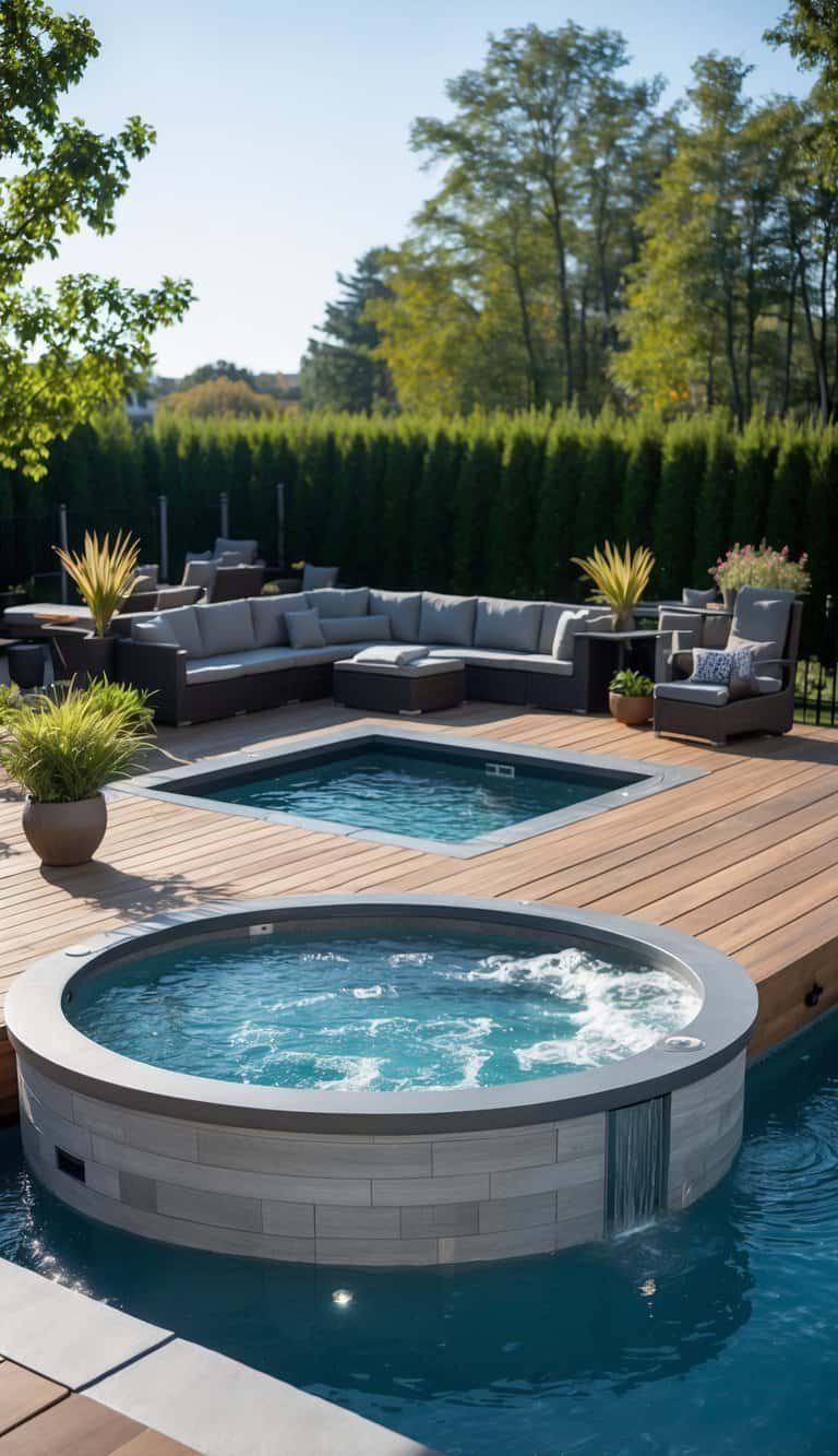above ground pool deck ideas- Backyard with an above-ground pool and a corner hot tub integrated into a wooden deck surrounded by outdoor furniture and plants.