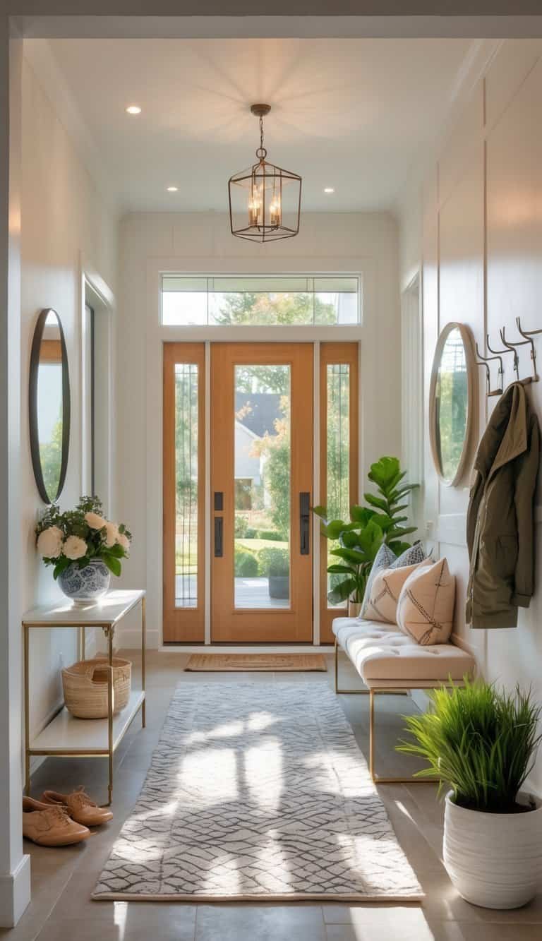 Entryway Ideas - A bright home entryway with a wooden door, console table with flowers, round mirror, bench with cushions, rug, wall hooks with jackets, and potted plants.
