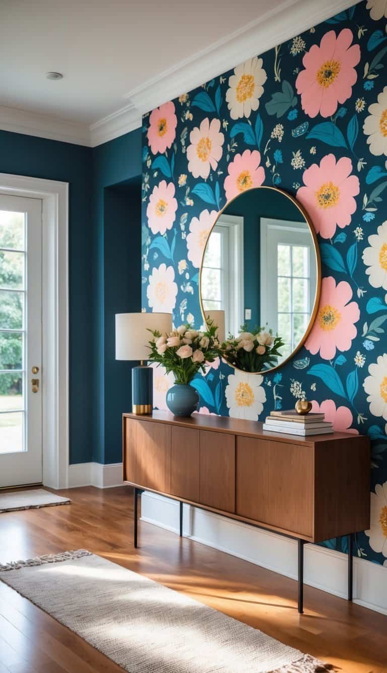Entryway Ideas - A bright home entryway with bold floral wallpaper, a wooden console table with decorations, and a mirror reflecting natural light.