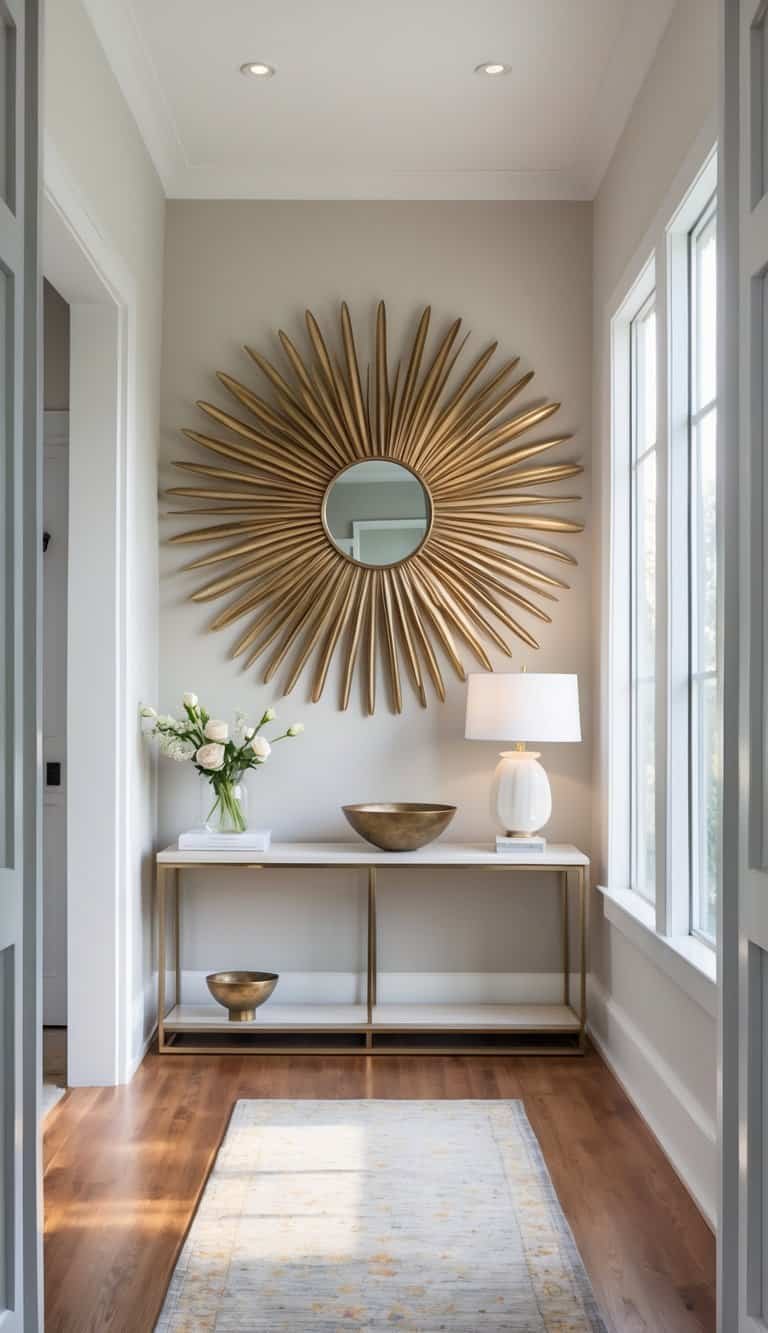 Entryway Ideas - An entryway with a large sunburst-shaped mirror above a console table decorated with flowers and a lamp.
