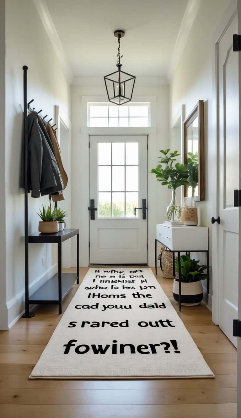 Entryway Ideas - A welcoming home entryway with a modern rug, wooden floor, console table with a plant, and a coat rack with jackets.