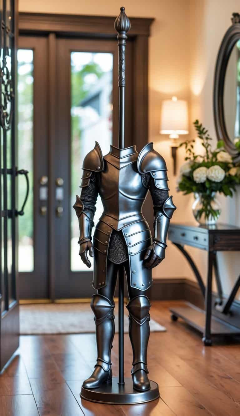 Entryway Ideas - An umbrella stand shaped like a knight’s armor in a home entryway with a console table, vase of flowers, and a mirror on the wall.