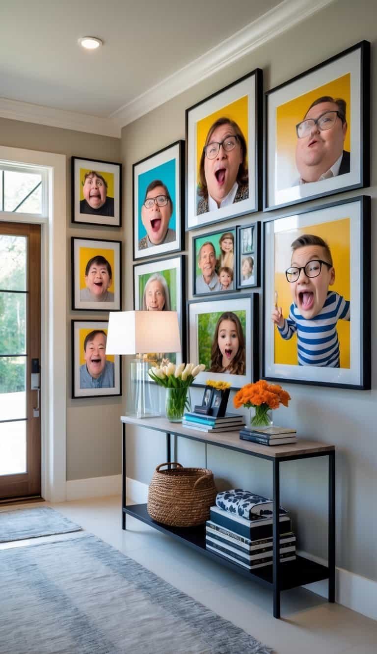 Entryway Ideas - An entryway with a gallery wall displaying a variety of humorous family portraits above a console table with decorative items.