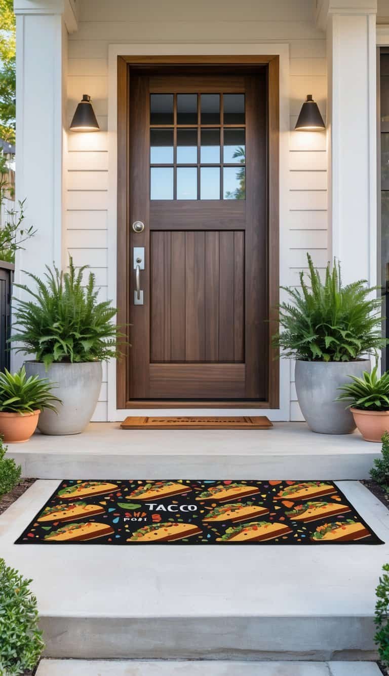 Entryway Ideas - A home entryway with a colorful taco-patterned door mat in front of a wooden door, flanked by potted plants and a clean pathway.