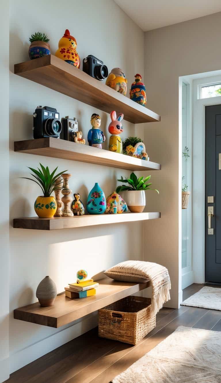 Entryway Ideas - Entryway with floating shelves holding various quirky decorative items above a bench and a basket near the front door.