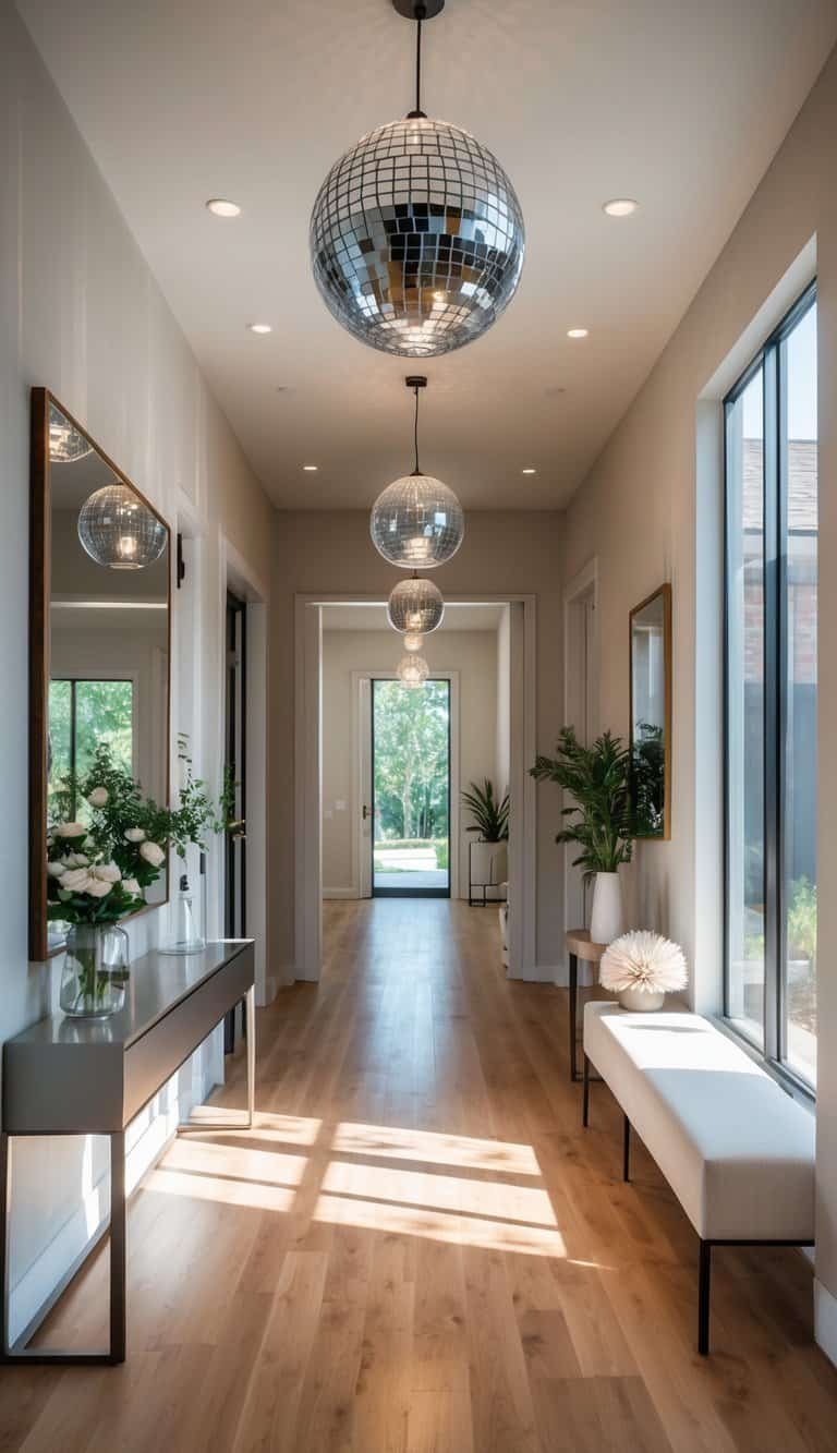Entryway Ideas - An entryway with pendant lights shaped like disco balls hanging from the ceiling above a console table and a large mirror.