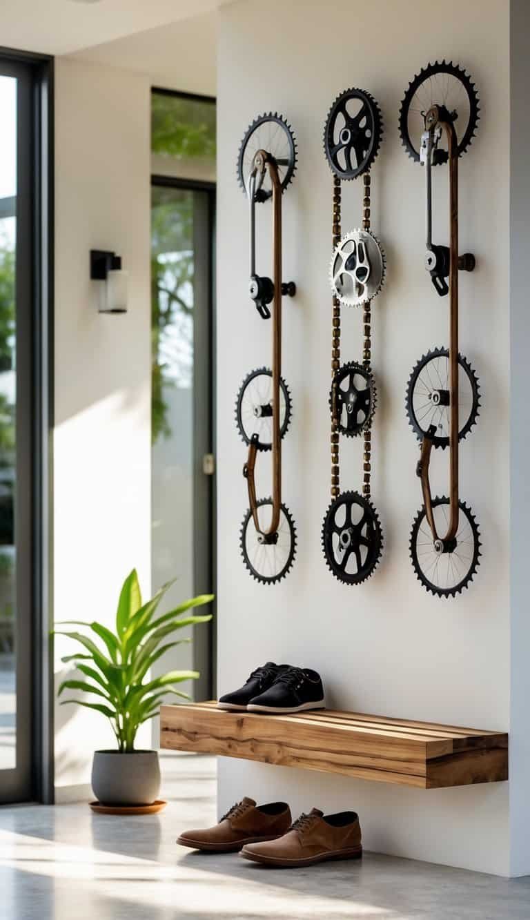 Entryway Ideas - Entryway with wall hooks made from recycled bicycle parts mounted on a wall above a wooden bench with shoes and a plant nearby.