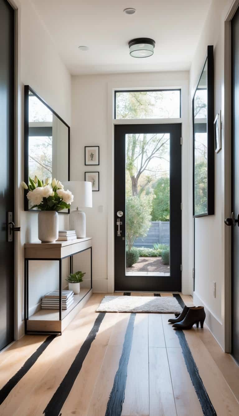 Entryway Ideas - A bright home entryway with a wooden floor featuring painted stripes hiding scuff marks, a console table with decorative items, a large mirror, and natural light coming through a window.