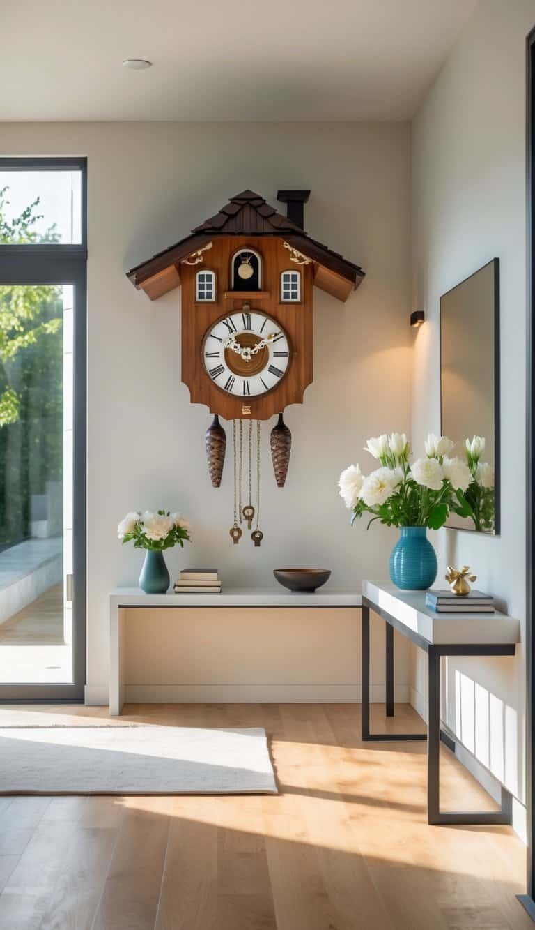 Entryway Ideas - A bright entryway with a modern cuckoo clock featuring playful crooked hands, a console table with flowers and decor, and a mirror on the wall.