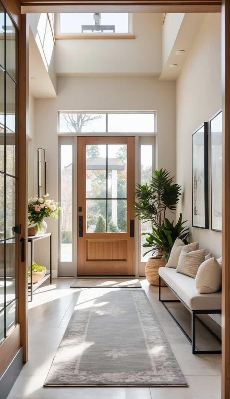 Entryway Ideas - A bright and welcoming home entryway with a wooden front door, console table with flowers, a bench with cushions, plants, and natural light.