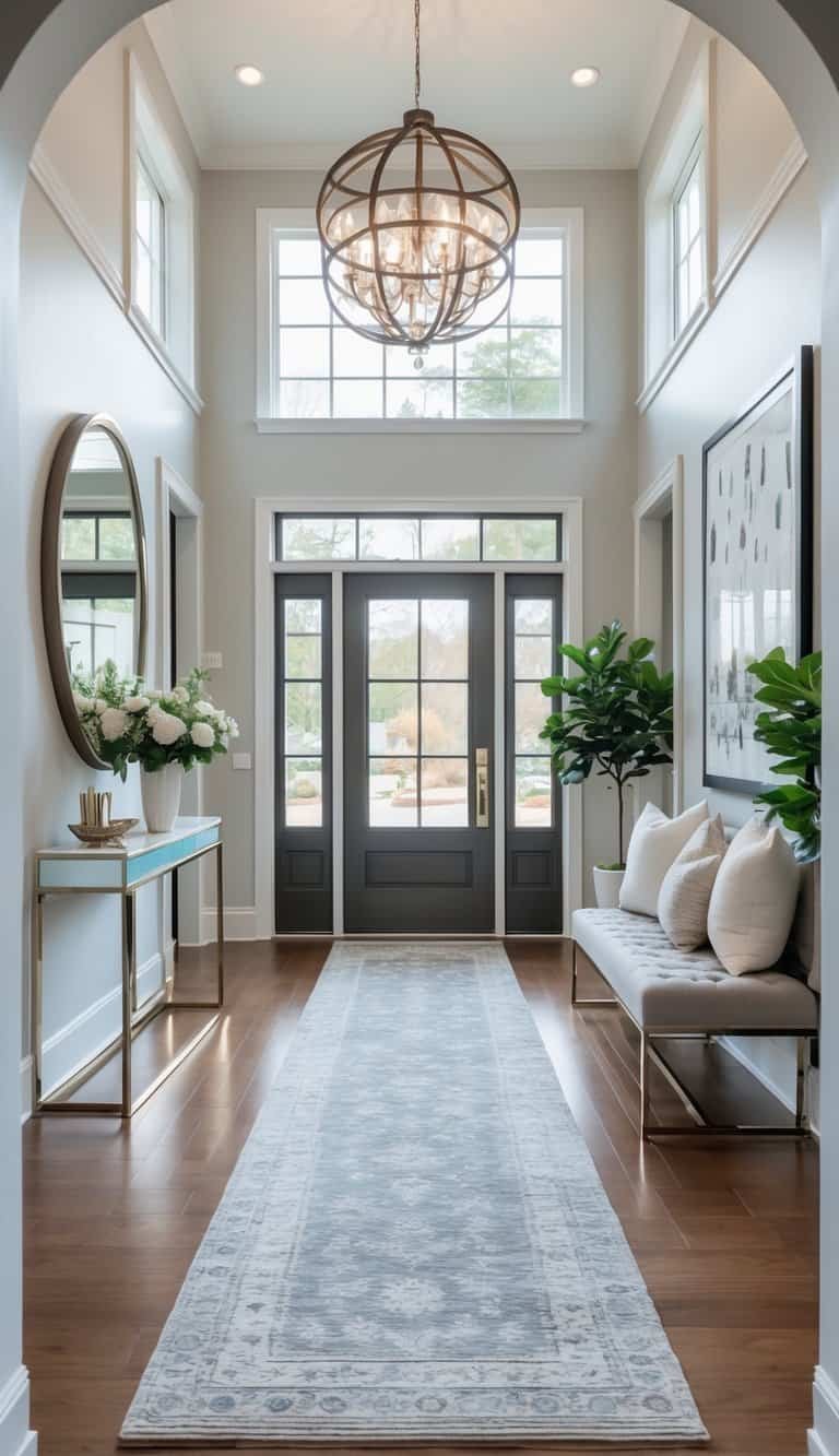 Foyer Ideas Entryway - A bright and inviting home entryway with a large front door, hardwood floors, a console table with flowers, a round mirror, a cushioned bench, and a chandelier overhead.