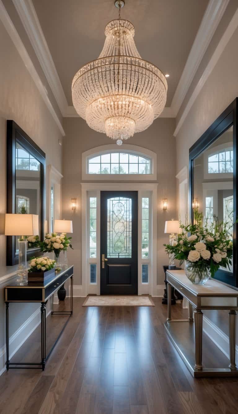 Foyer Ideas Entryway -A spacious foyer with a large, ornate chandelier hanging from the ceiling, a console table with flowers, and polished hardwood floors.