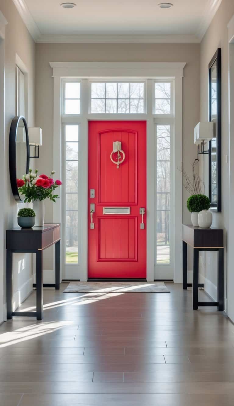 Foyer Ideas Entryway -A front door painted in a bold color with a welcoming foyer featuring a console table, flowers, and a mirror.