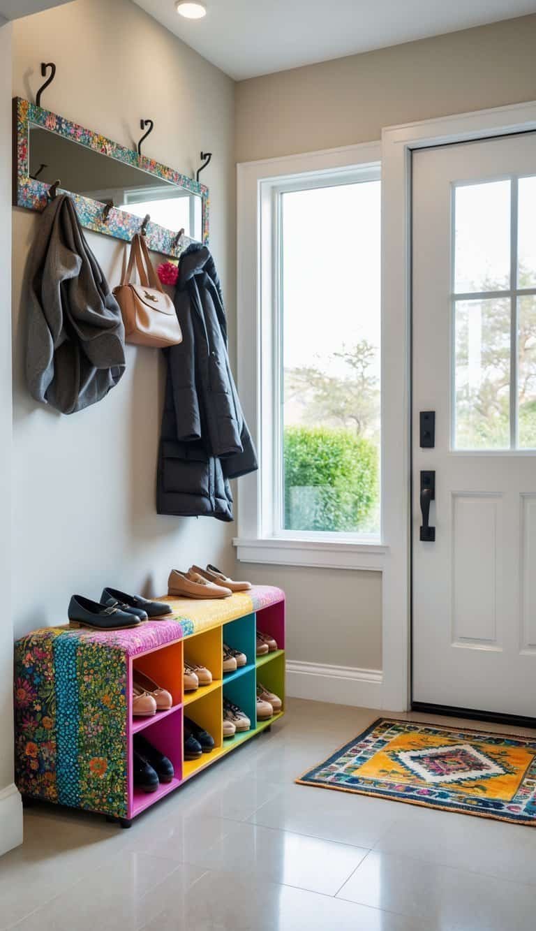 Foyer Ideas Entryway -A bright entryway with a colorful shoe bench holding shoes, coats hanging above, and a small rug on the floor.