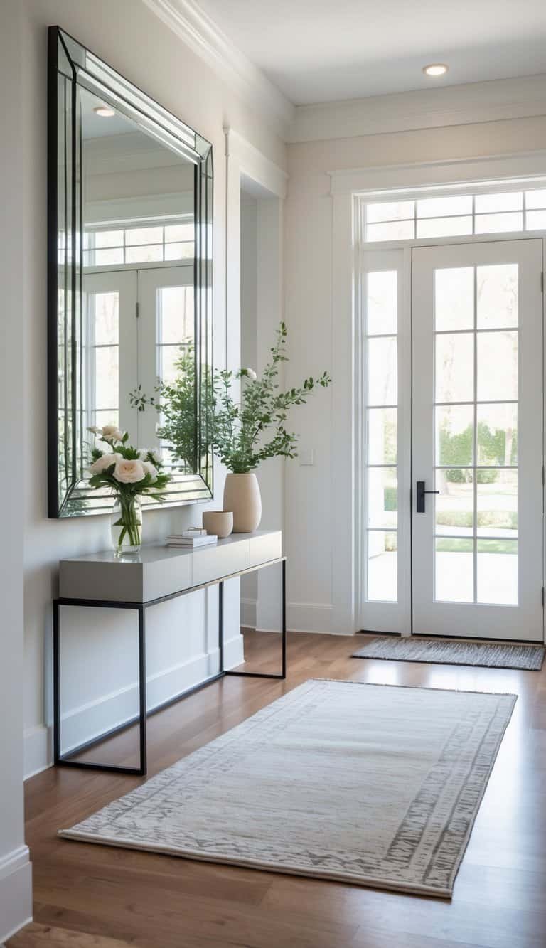 Foyer Ideas Entryway -A bright foyer with a large wall mirror above a console table decorated with flowers and a lamp.
