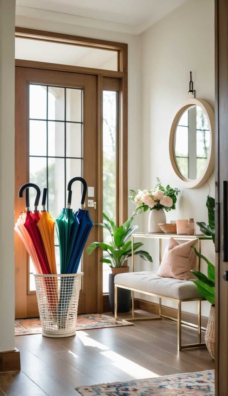 Foyer Ideas Entryway -A foyer with an umbrella basket filled with umbrellas next to a wooden door, a console table with flowers, a round mirror, a bench with cushions, and a patterned rug.
