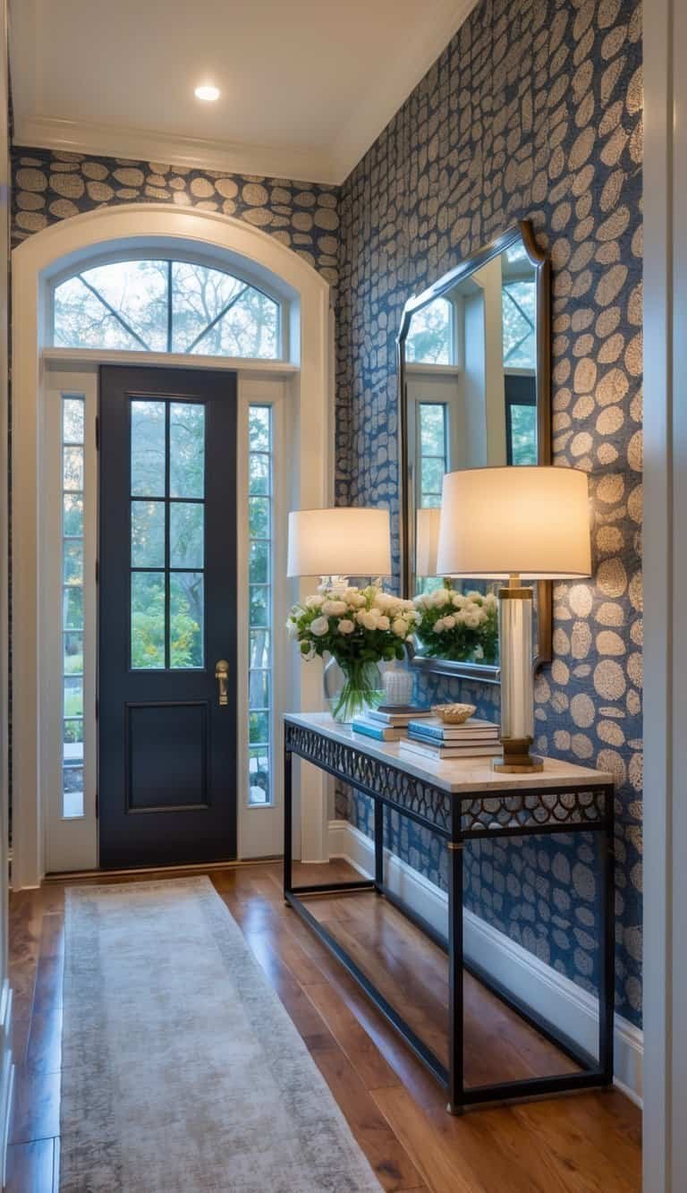 Foyer Ideas Entryway -A home entryway with patterned wallpaper, a console table with decorations, a mirror above it, and natural light coming through the door.
