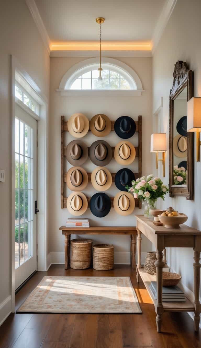 Foyer Ideas Entryway -A bright foyer with vintage hats displayed on a wooden rack and console table, decorated with a mirror, flowers, and warm lighting.