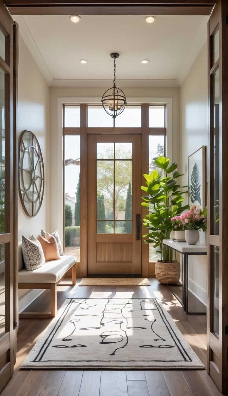 Foyer Ideas Entryway -A bright foyer with a wooden front door, a seating bench, a decorative rug with shoe-themed patterns, plants, and a console table with flowers.
