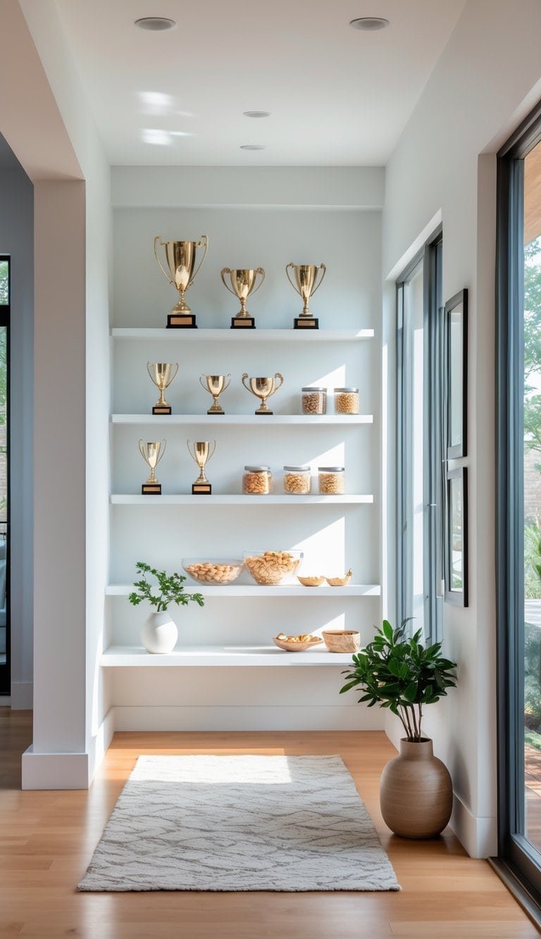 Foyer Ideas Entryway -A bright foyer with floating shelves holding trophies and snacks above a console table with a plant.