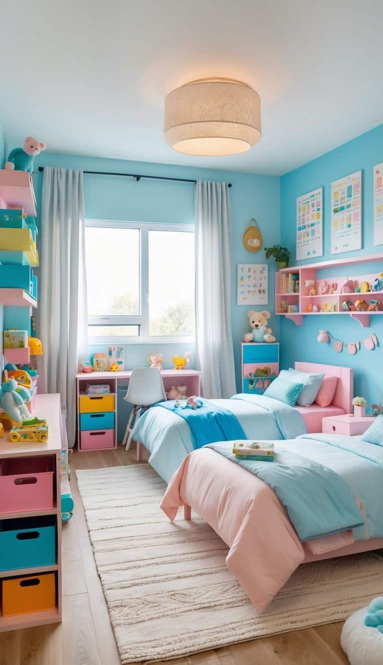 kids shared bedroom boy and girl - A shared bedroom with two beds for a boy and girl, a study desk, shelves with toys and books, and a large window letting in natural light.