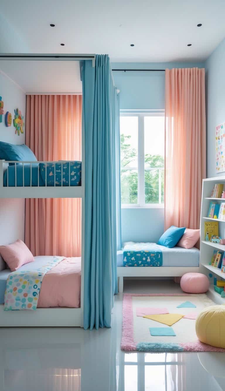 kids shared bedroom boy and girl - A shared kids' bedroom with a bunk bed that has separate blue and pink curtains for privacy, colorful bedding, and children's toys and books around the room.