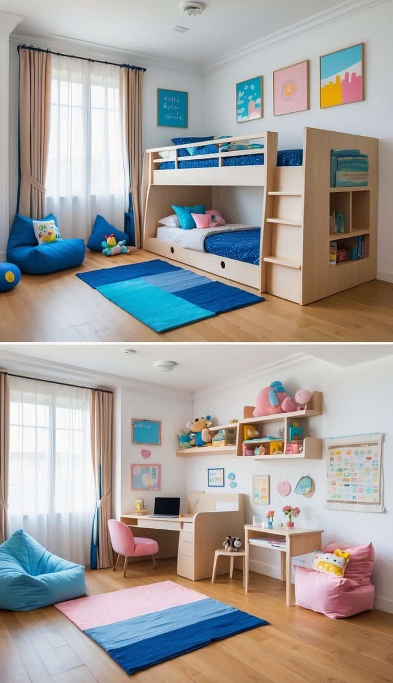 kids shared bedroom boy and girl - A shared children's bedroom with a loft bed above a study desk, decorated for a boy and a girl with toys, books, and colorful bedding.