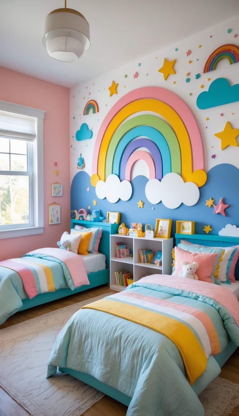 kids shared bedroom boy and girl - A shared children's bedroom with a large rainbow mural on the wall, twin beds, toys, and colorful decor.